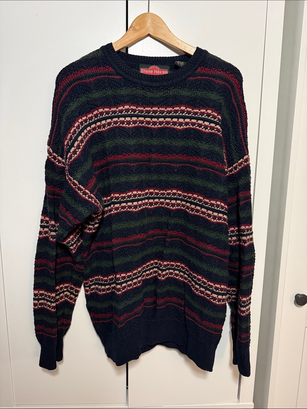 Navy Crewneck Sweater with Red & Green Stripes